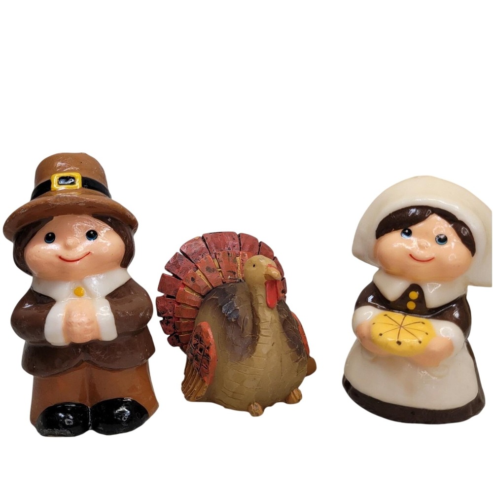 3 Thanksgiving Candle Figurines Pilgrim Boy Girl Turkey Fall Holiday Decor Vtg
